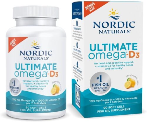 Nordic Naturals Ultimate Omega-D3, Lemon Flavor - 90 Soft Gels - 1280 mg Omega-3 + 1000 IU Vitamin D3 - Omega-3 Fish Oil - EPA & DHA - Promotes Brain, Heart, Joint, & Immune...