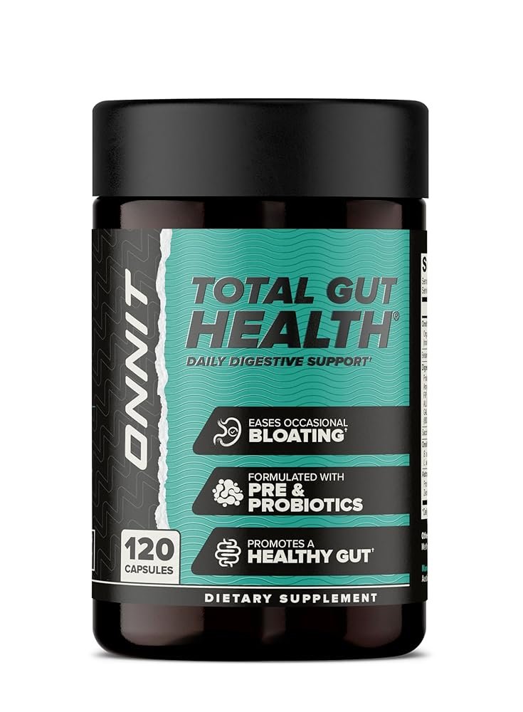 ONNIT Total Gut Health – Complete Daily Probiotics & Digestive Enzyme Supplement for Women & Men – 5 Strains of Probiotics, Prebiotics, Enzymes, Betaine HCL – Capsules – (120ct)