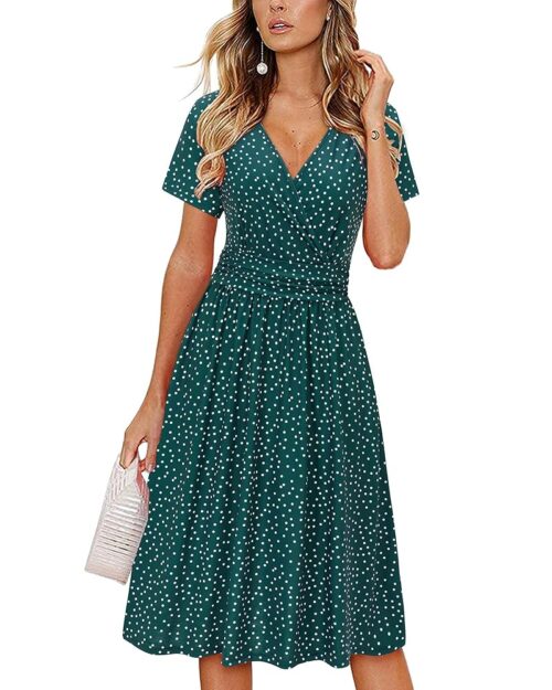 OUGES Women's Summer Short Sleeve V-Neck Floral Short Party Dress with Pockets
