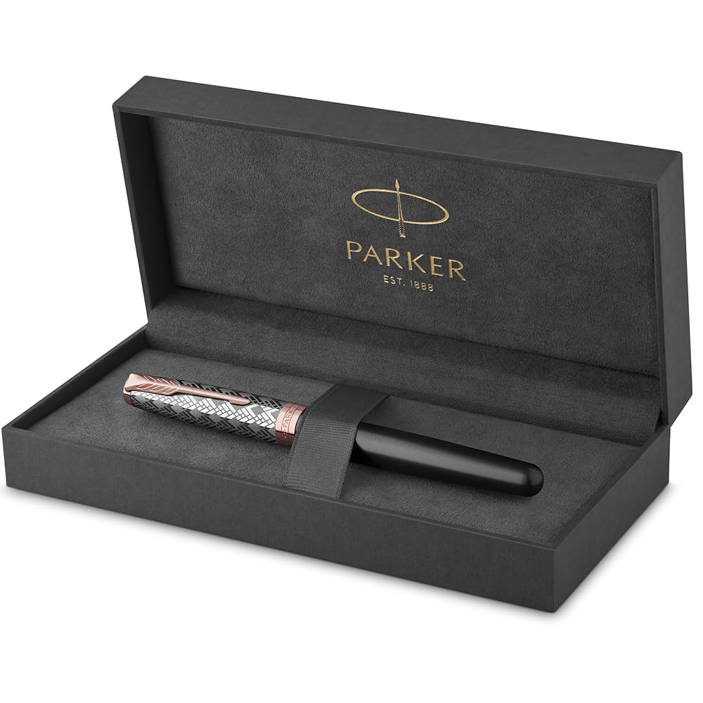 PARKER Sonnet Fountain Pen Premium Metal and Grey Satin Finish with Rose Gold Trim Fine 18k Gold Nib with Black Ink Cartridge Gift Box
