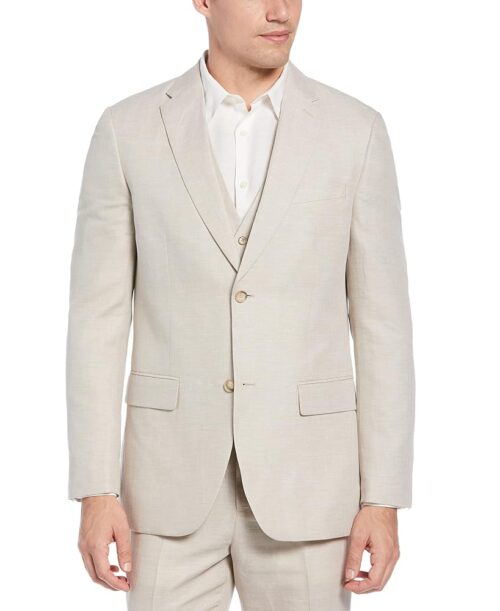 Perry Ellis Men's Linen-Blend Suit Jacket, Breathable Single Breasted Blazer, Regular Fit, with Chest Pocket (Sizes 36-54), 38, Natural Linen Herringbone