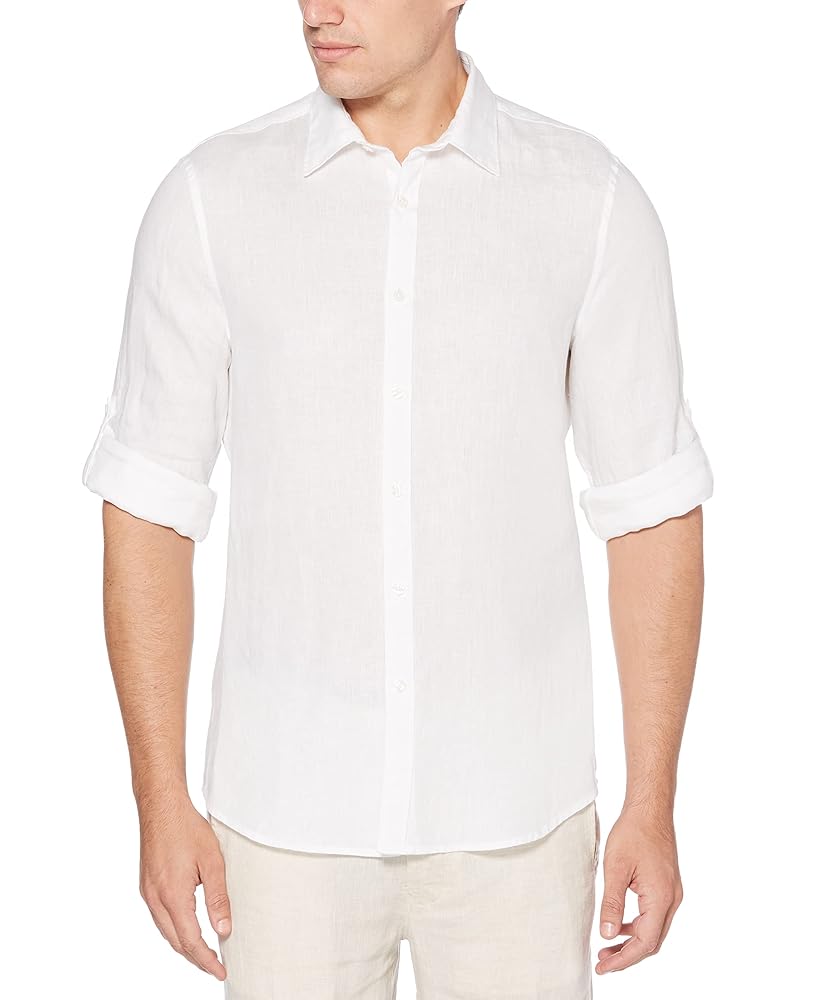 Perry Ellis Men’s Roll Sleeve 100% Linen Button-Down Shirt (Size X-Small – 5X Big & Tall)