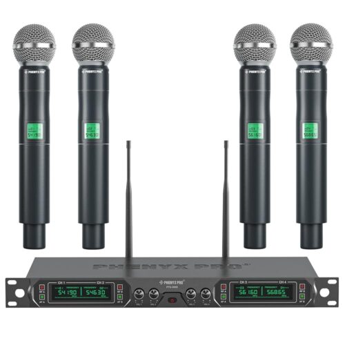 Phenyx Pro Wireless Microphone System, 4-Channel UHF Wireless Mic, Fixed Frequency Metal Cordless Mic with 4 Handheld Dynamic Microphones, 260ft Range, Mics for Singing,...