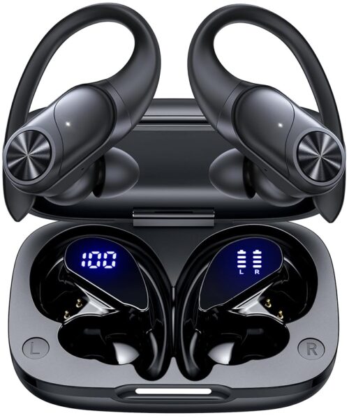 PocBuds Bluetooth Headphones Wireless Earbuds 80hrs Playtime Wireless Charging Case Digital Display Sports Ear Buds with Earhook Deep Bass IPX7 Waterproof Over-Ear Earphones for...