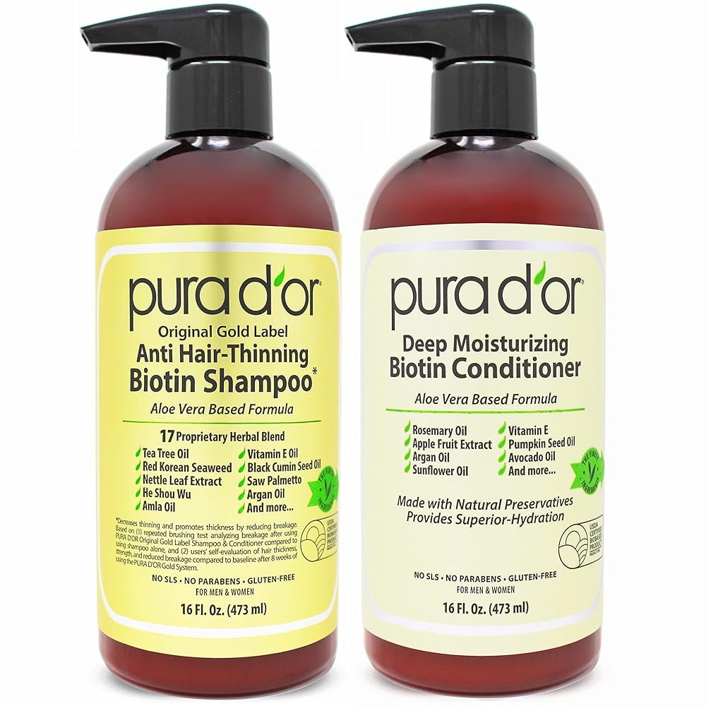 PURA D'OR Anti-Thinning Biotin Shampoo & Deep Moisturizing Conditioner Original Gold Label Set (16oz x2) Natural Earthy Scent, CLINICALLY TESTED Effective Results, DHT Blocker...
