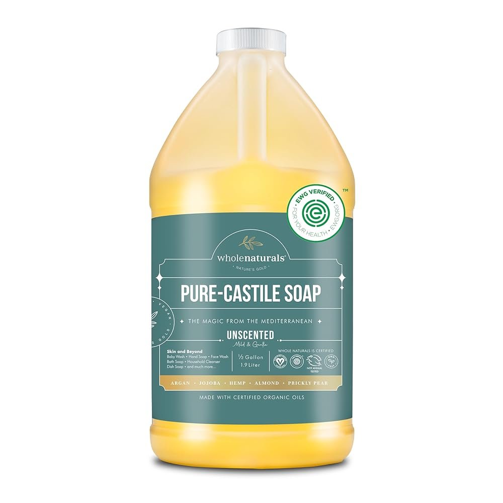Pure Castile Soap Liquid, EWG Verified & Certified Palm Oil Free Unscented, Natural, Mild & Gentle Non-gmo & Vegan – Organic Body Wash, Laundry, Pet/Dog and Baby Soap – 64 Fl Oz