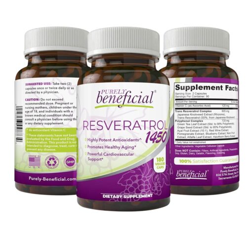 PURELY beneficial RESVERATROL1450-90day Supply, 1450mg per Serving of Potent Antioxidants & Trans-Resveratrol, Promotes Anti-Aging, Cardiovascular Support, Maximum Benefits...