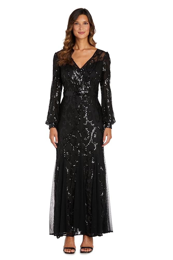 R&M Richards Womens Sequined Long Evening Dress