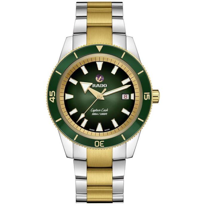 Rado Captain Cook Automatic Green Dial, Date Display, Super Luminova Indexes and Yellow Gold and Silver Bracelet