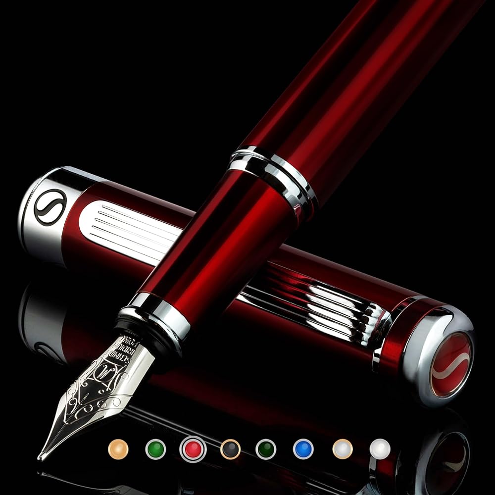 Scriveiner Deep Crimson Red Fountain Pen – Stunning Luxury Pen with Chrome Finish, Schmidt Nib (Medium), Best Pen Gift Set for Men & Women, Professional, Executive, Office, Nice…