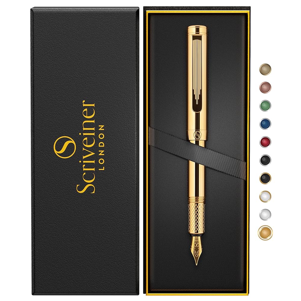 Scriveiner Gold Luxury Fountain Pen (Medium) – Award Winning – Heavy Pocket Pen, 22K Gold, German Nib & Converter, Nice Gift Pens for Men & Women