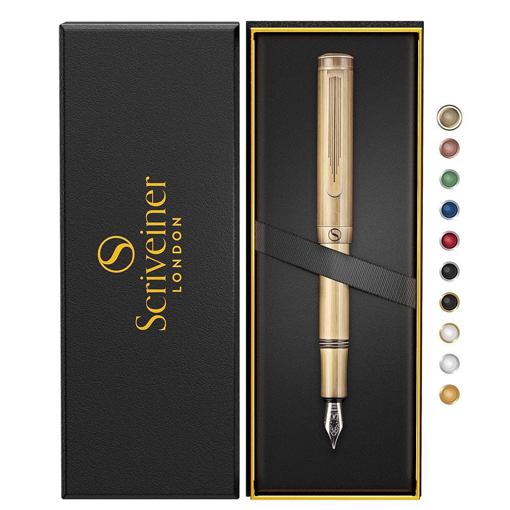 Scriveiner Luxury EDC Fountain Pen (Medium), Stunning Heavy Brass Pocket Pen, Hand Brushed Bronze Finish, Schmidt German Nib Converter, Best Writing Pen Gift Set for Men Women,…
