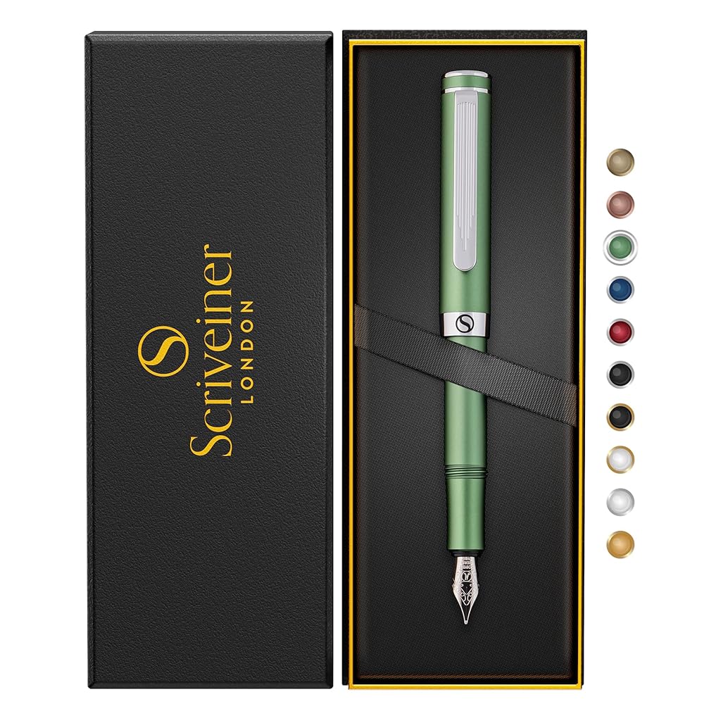 Scriveiner Luxury EDC Fountain Pen (Medium), Stunning Matt Green Pocket Pen, Chrome Finish, Schmidt German Nib, Converter, Best Writing Pen Gift Set for Men & Women, Nice Fancy…