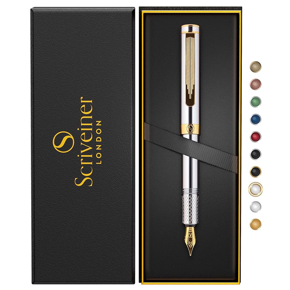 Scriveiner Silver Chrome Fountain Pen (Medium), Award Winning Luxury Pen, Heavy Pocket Pen with 24K Gold Finish, Schmidt Nib, Converter, Best EDC Writing Pen Gift Set for Men &…