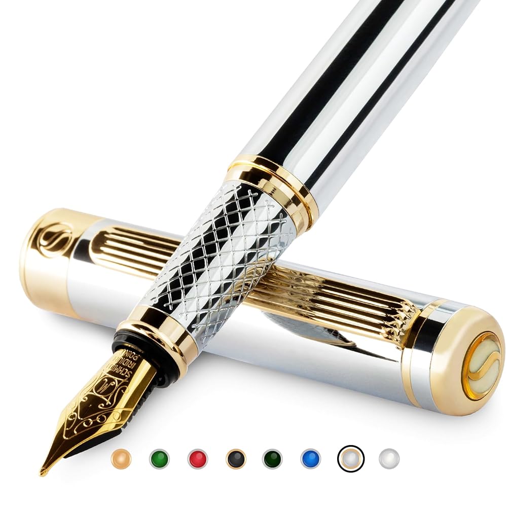 Scriveiner Silver Chrome Fountain Pen – Stunning Luxury Pen with 24K Gold Finish, Schmidt 18K Gilded Nib (Medium), Best Pen Gift Set for Men & Women, Professional, Executive…