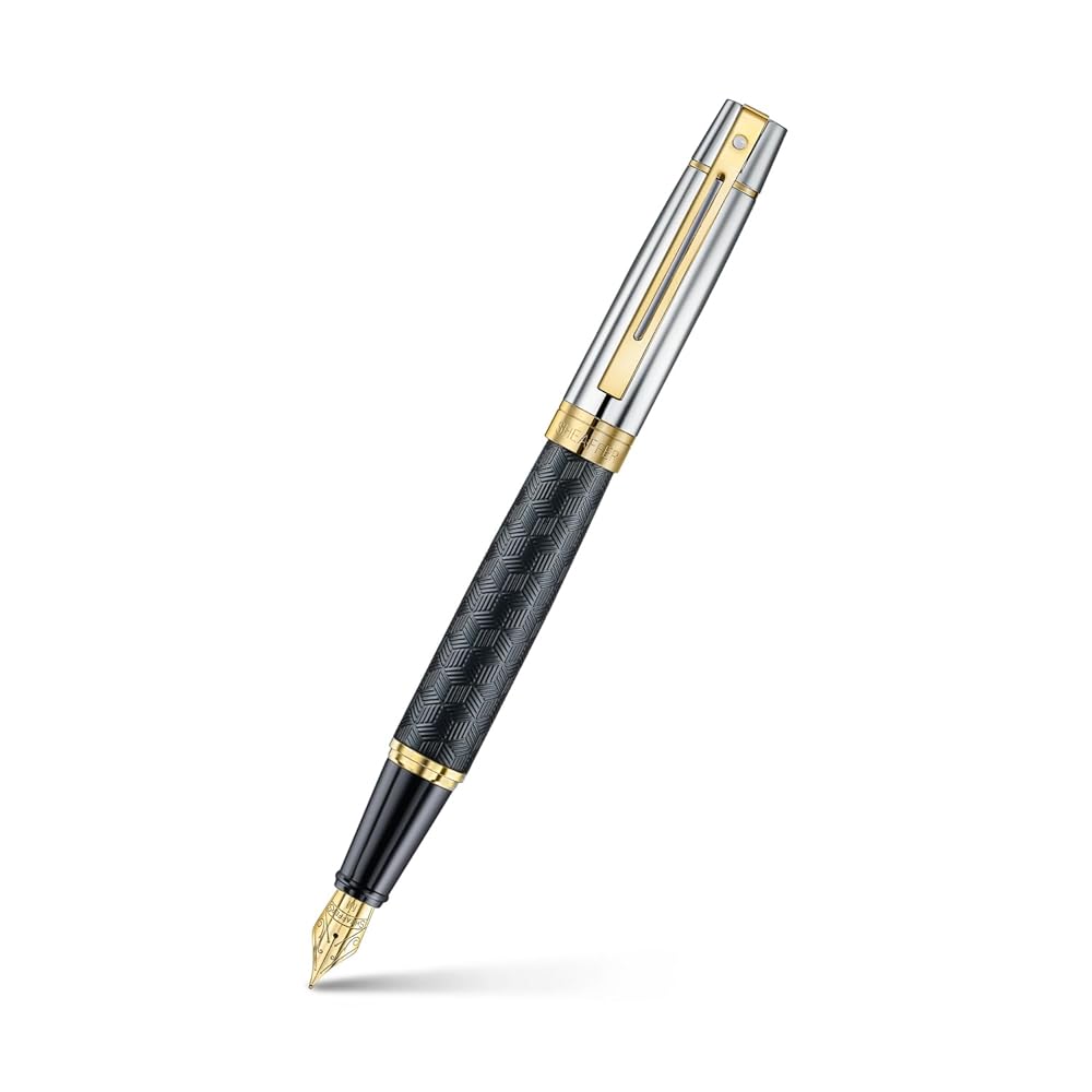 Sheaffer 300 Fountain Pen | E9347 Engraved Matt Black Barrel and Shiny Chrome Cap with PVD Gold Trims | Medium Nib | Premium Fountain Pen