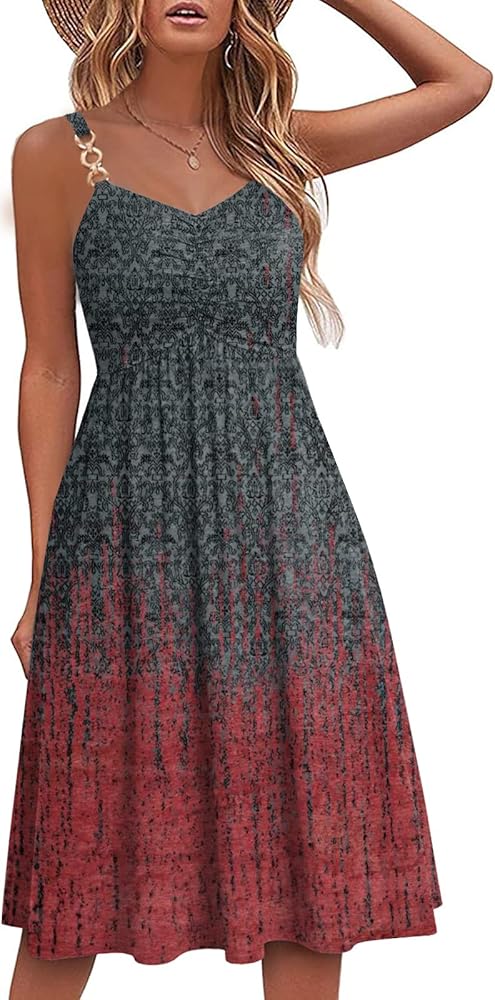 Soesdemo Summer Dresses for Women 2023 Floral Boho Sleeveless V Neck Spaghetti Strap A Line Casual Sundresses with Pockets