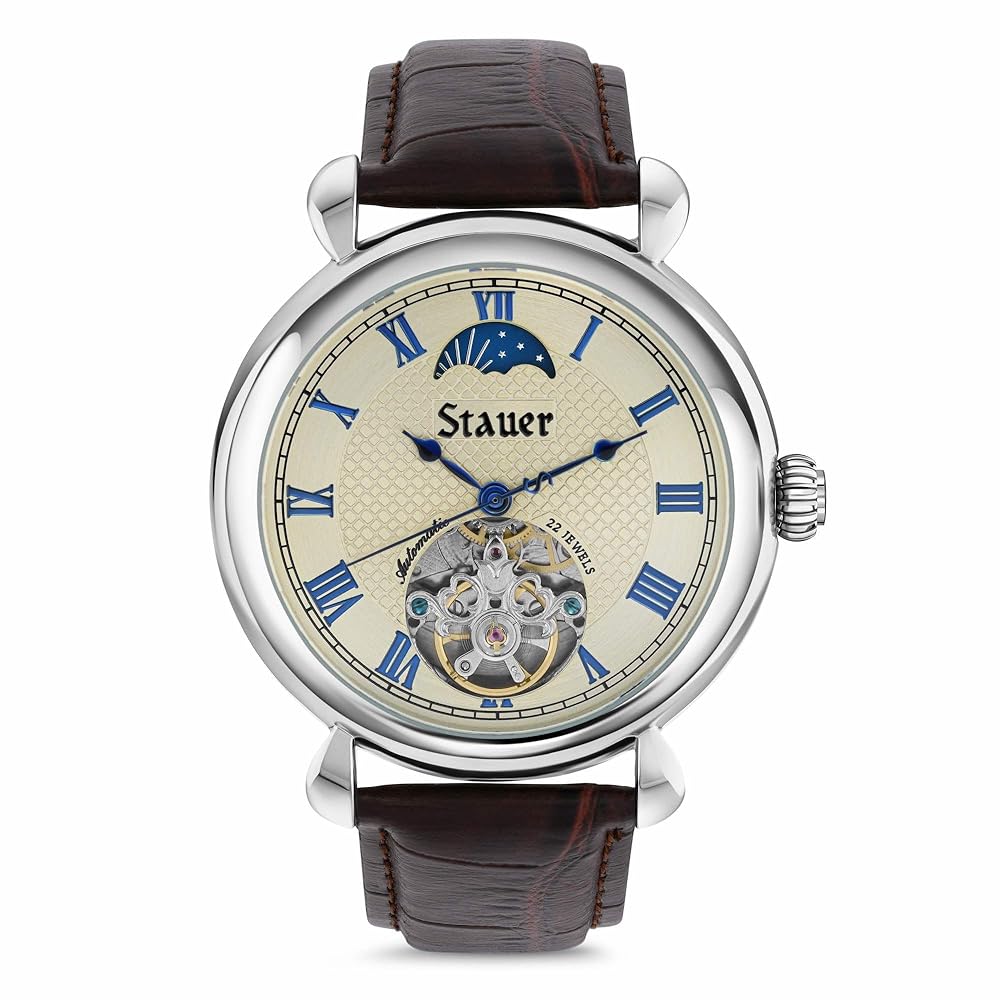 Stauer Copernicus Open Heart Automatic Watch for Men – 42mm Case, Guilloché Face and Blue Roman Numeral Hands, Sun-Moon Dial and Brown Leather Strap