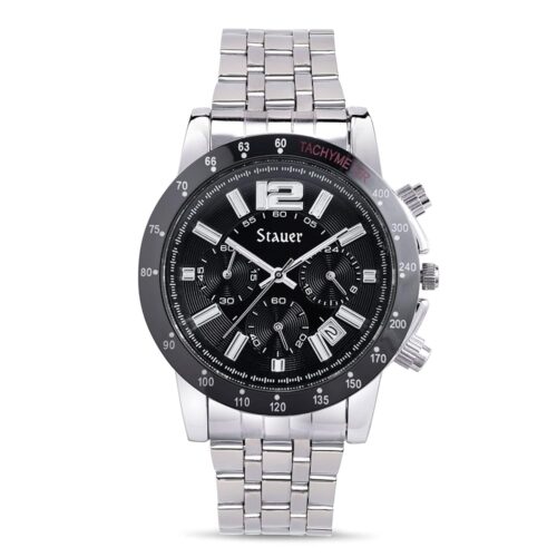 Stauer Jet Setter Stainless Steel Chronograph Watch for Men – Black-Dial Analog Watch w/Stainless Steel Bracelet & Watch Case – Black Watch w/24-Hour Indicators – Luxury Gift...