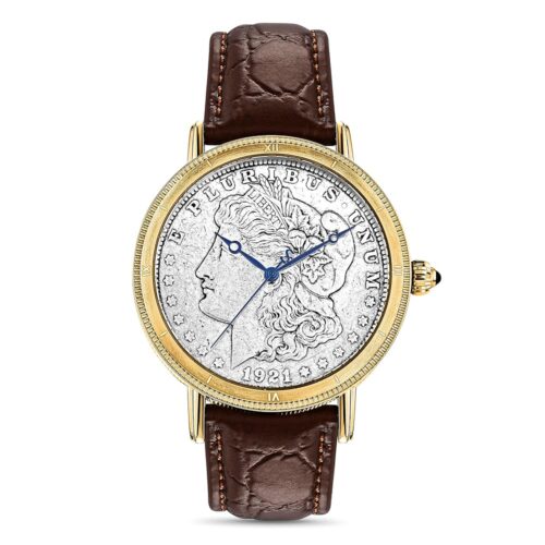 Stauer Morgan Silver Dollar Men's Watch with Swiss Movement – Stainless Steel Vintage Watch with Genuine Silver Coin and Brown Leather Band, 45mm