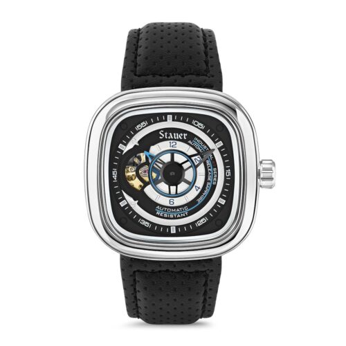 Stauer Square Skeleton Automatic Watch for Men – 44mm Silver Cushion Case, Black Open Heart Dial, 21-Jewel Mechanical Movement, Leather Strap