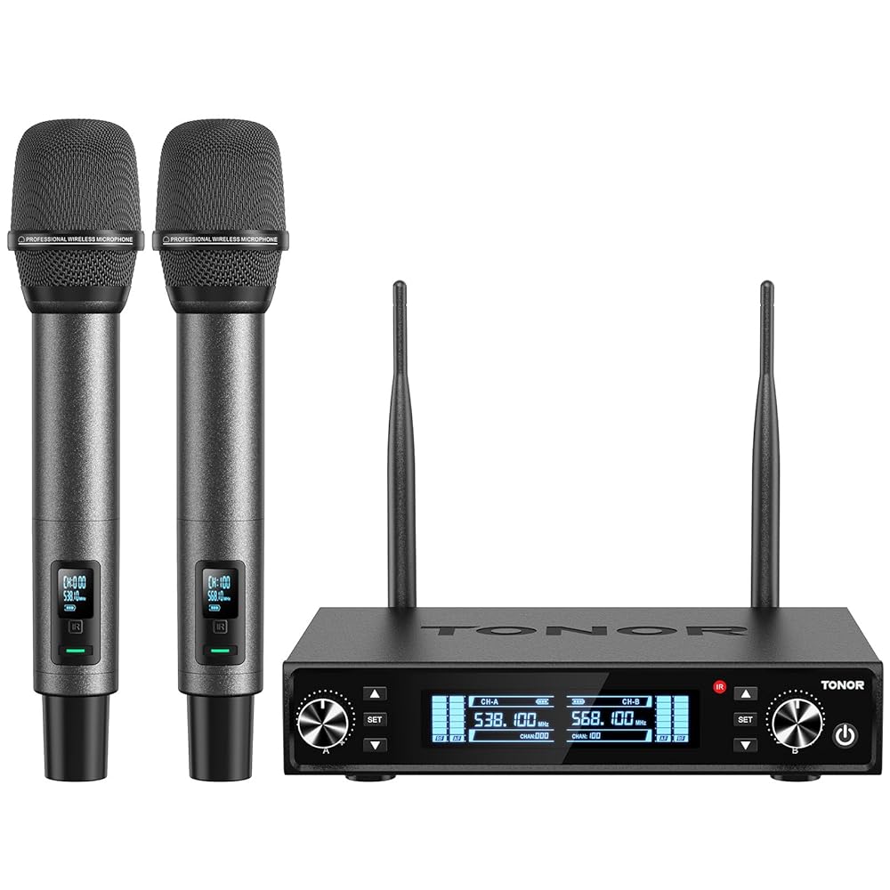 TONOR Wireless Microphone System, Auto Scan & Pair UHF Rechargeable Karaoke Mic, 2×100 Professional Dynamic Cordless Mic for Singing Church Wedding DJ with Adjustable Volume,…