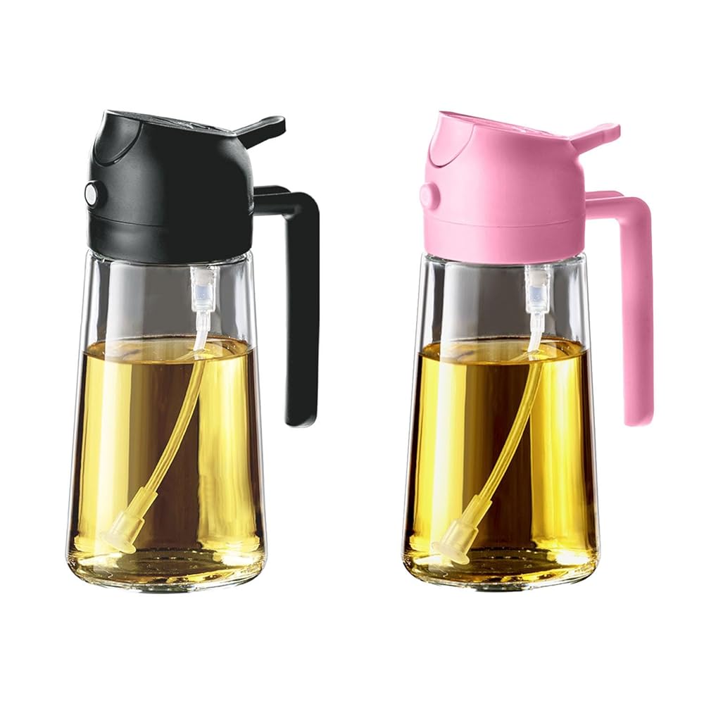 TrendPlain 16oz/470ml Olive Oil Sprayer for Cooking – 2 in 1 Olive Oil Dispenser for Kitchen Gadgets, Air Fryer, Salad, and BBQ – Black & Bubblegum