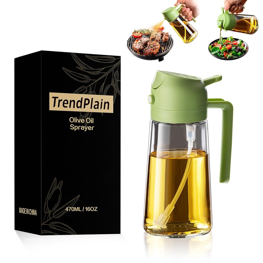 TrendPlain 16oz/470ml Olive Oil Sprayer for Cooking – 2 in 1 Olive Oil Dispenser for Kitchen Gadgets, Air Fryer, Salad, and BBQ – Green
