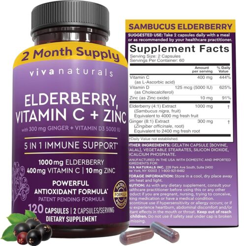 Viva Naturals Elderberry with Vitamin C and Zinc for Adults - 5 in 1 Sambucus Black Elderberry Capsules with Vitamin D3 5000 IU Immunity Supplement, Sambucus Elderberry Immune...
