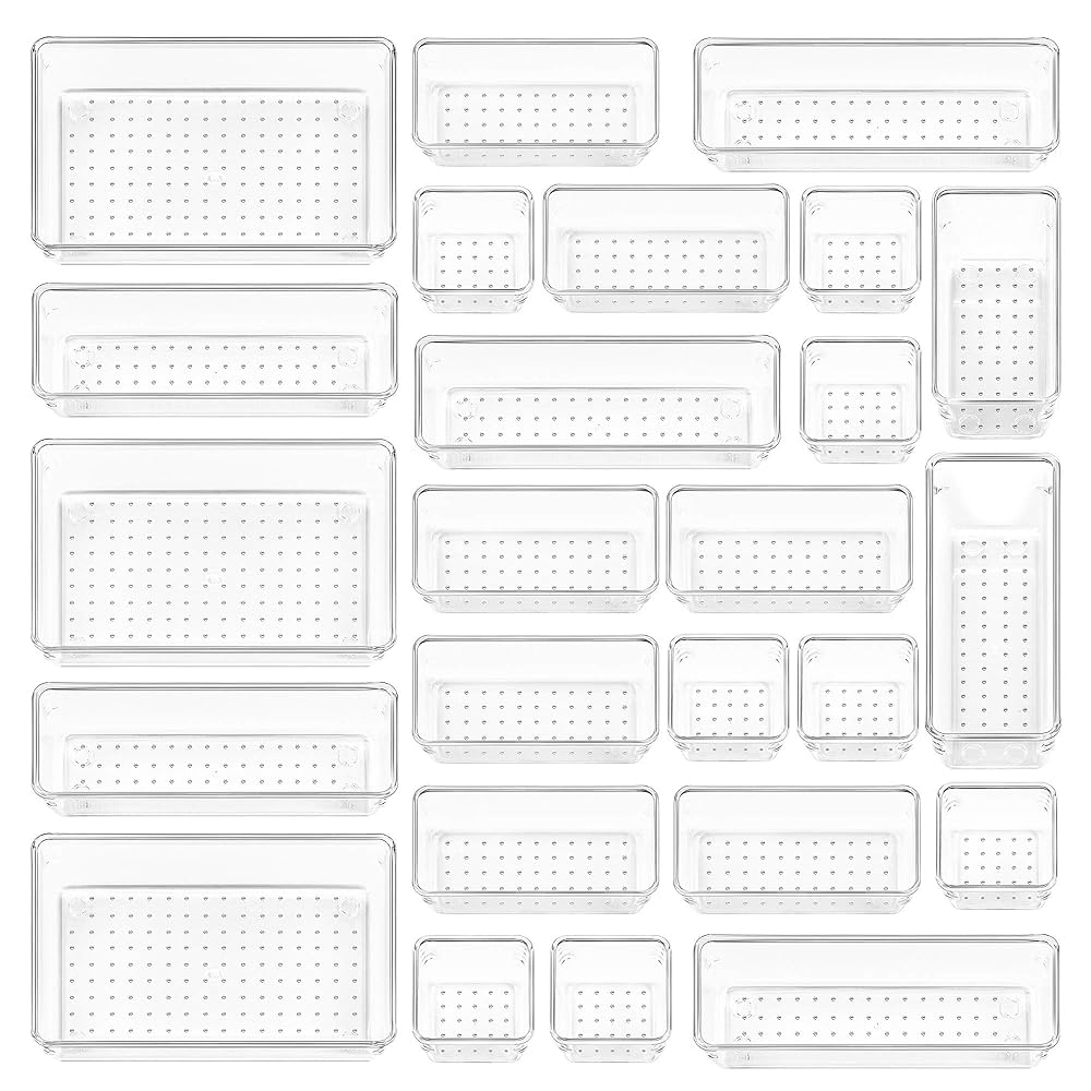 Vtopmart 25 PCS Clear Plastic Drawer Organizers Set, 4-Size Versatile Bathroom and Vanity Drawer Organizer Trays, Storage Bins for Makeup, Bedroom, Kitchen Gadgets Utensils and…
