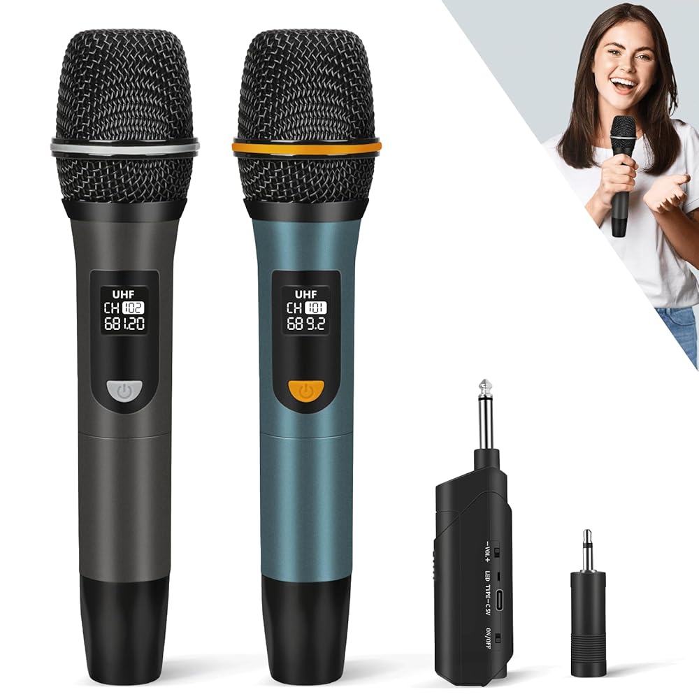 Wireless Microphones, UHF Metal Rechargeable Cordless Dynamic Mic System with Auto-Connect Receiver, 160ft Range Professional Wireless Microphone for Karaoke, Party and PA System