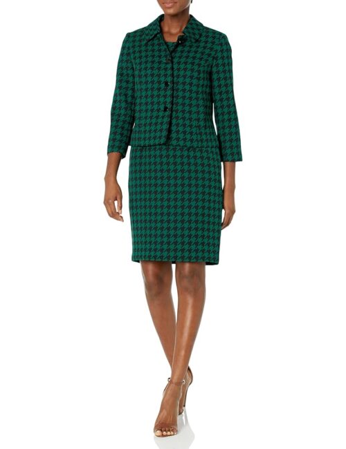 Women's 3 Button Peter Pan Collar Houndstooth Jacket/Sheath Dress Suit