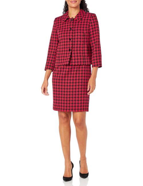 Women's 3 Button Peter Pan Collar Houndstooth Jacket/Sheath Dress Suit