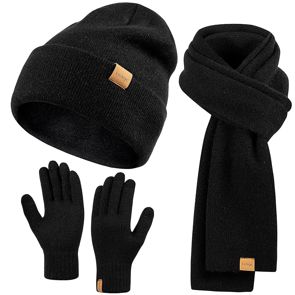 Womens Beanie Winter Hat Long Scarf Touchscreen Gloves Set Fleece Lined Skull Caps for Women Men