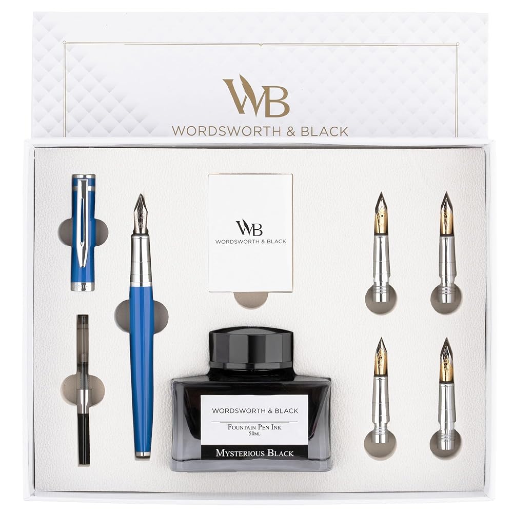 Wordsworth & Black Fountain Pen Gift Set, Includes Ink Bottle, 6 Ink Cartridges, Ink Refill Converter, 4 Replacement Nibs, Premium Package, Journaling, Calligraphy, Smooth...