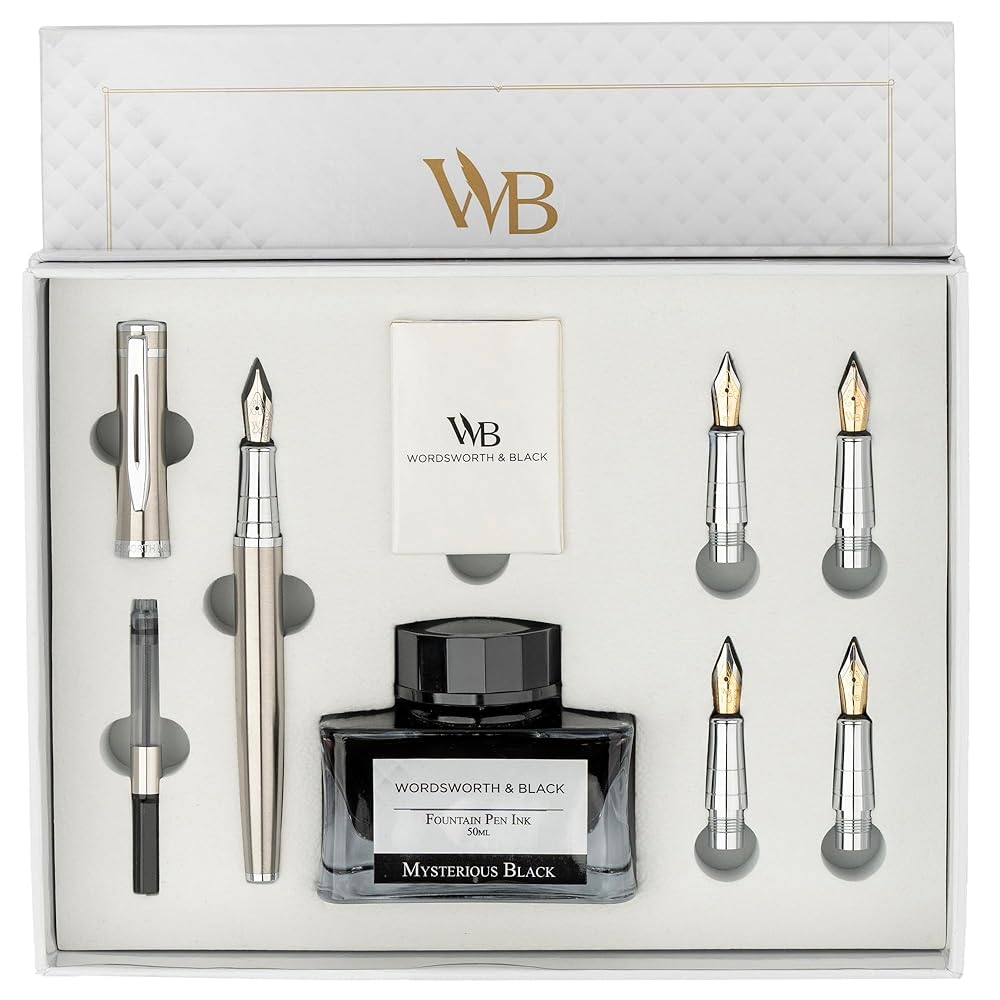 Wordsworth & Black Fountain Pen Gift Set, Includes Ink Bottle, 6 Ink Cartridges, Ink Refill Converter, 5 Replacement Nibs, Premium Package, Journaling, Calligraphy, Smooth...