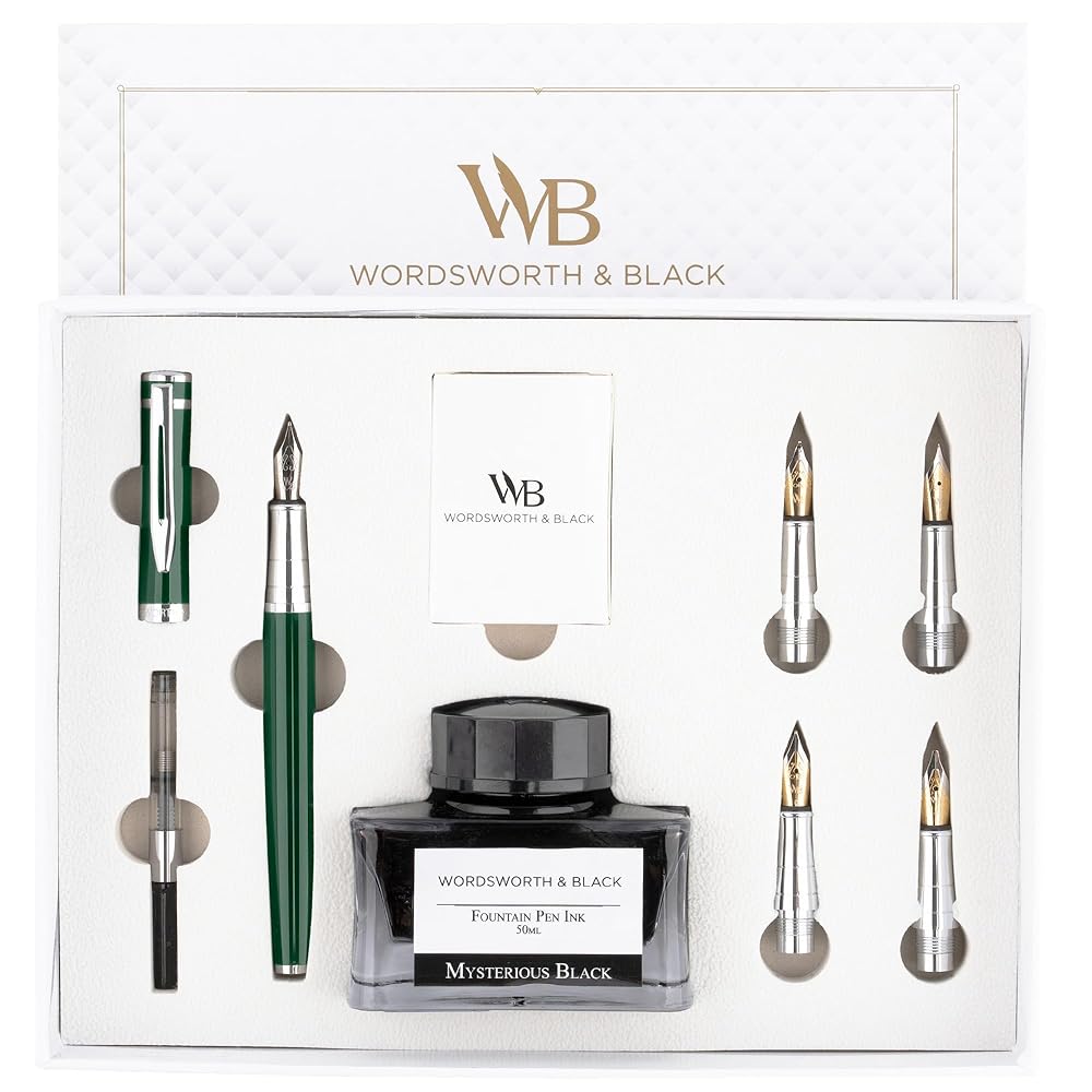 Wordsworth & Black Fountain Pen Gift Set, Includes Ink Bottle, 6 Ink Cartridges, Ink Refill Converter, 4 Replacement Nibs, Premium Package, Journaling, Calligraphy, Smooth...
