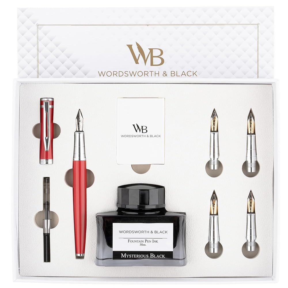 Wordsworth & Black Fountain Pen Gift Set, Includes Ink Bottle, 6 Ink Cartridges, Ink Refill Converter, 4 Replacement Nibs, Premium Package, Journaling, Calligraphy, Smooth...