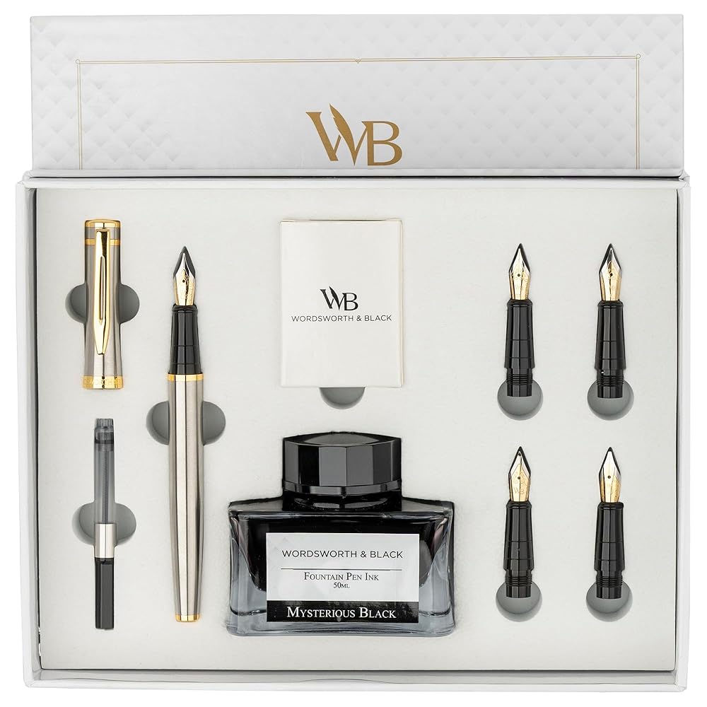 Wordsworth & Black Fountain Pen Gift Set, Includes Ink Bottle, 6 Ink Cartridges, Ink Refill Converter, 5 Replacement Nibs, Premium Package, Journaling, Calligraphy, Smooth…
