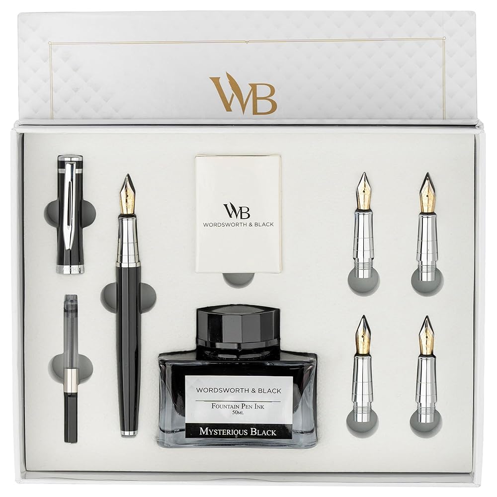 Wordsworth & Black Fountain Pen Gift Set, Includes Ink Bottle, 6 Ink Cartridges, Ink Refill Converter, 4 Replacement Nibs, Premium Package, Journaling, Calligraphy, Smooth...