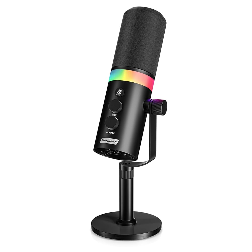 XLR/USB Dynamic Microphone for Podcast Recording PC Microphone with RGB Light, Headphone Jack, Mute Button, Volume Control, Desktop Stand, Metal Computer Mic for Streaming,…