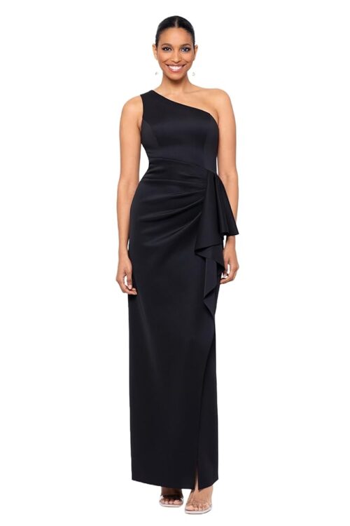 Xscape Women's Long Stretch Scuba Sleeveless One Shoulder Side Ruffle Dress