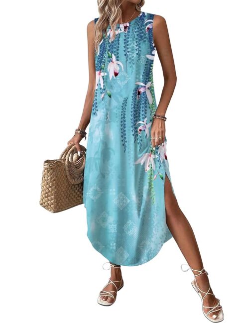 Zeagoo Women Floral Summer Dress Casual Beach Dress Printed Tank Dress with Pockets Pleated Front Long Dress