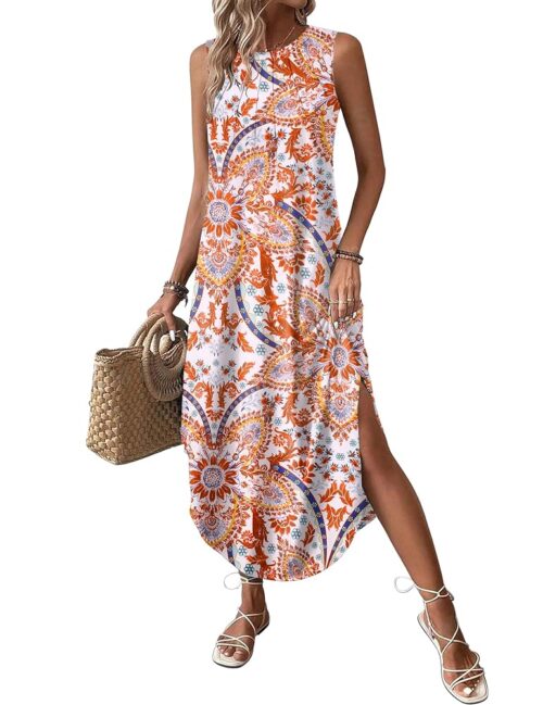Zeagoo Women Floral Summer Dress Casual Beach Dress Printed Tank Dress with Pockets Pleated Front Long Dress