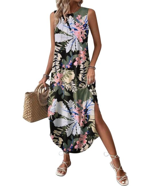 Zeagoo Women Floral Summer Dress Casual Beach Dress Printed Tank Dress with Pockets Pleated Front Long Dress