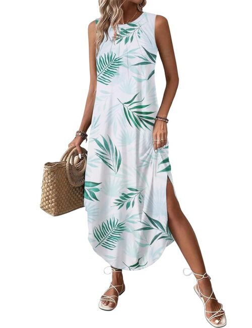 Zeagoo Women Floral Summer Dress Casual Beach Dress Printed Tank Dress with Pockets Pleated Front Long Dress