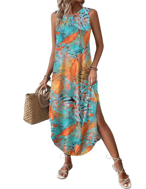 Zeagoo Women Floral Summer Dress Casual Beach Dress Printed Tank Dress with Pockets Pleated Front Long Dress