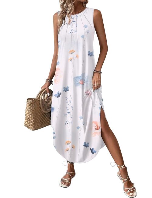 Zeagoo Women Floral Summer Dress Casual Beach Dress Printed Tank Dress with Pockets Pleated Front Long Dress
