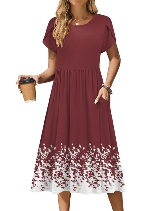 Zeagoo Women Summer Short Sleeve Midi Dress with Pockets Casual Aline Flowy Tshirt Dress Floral Vocation Beach Sundress