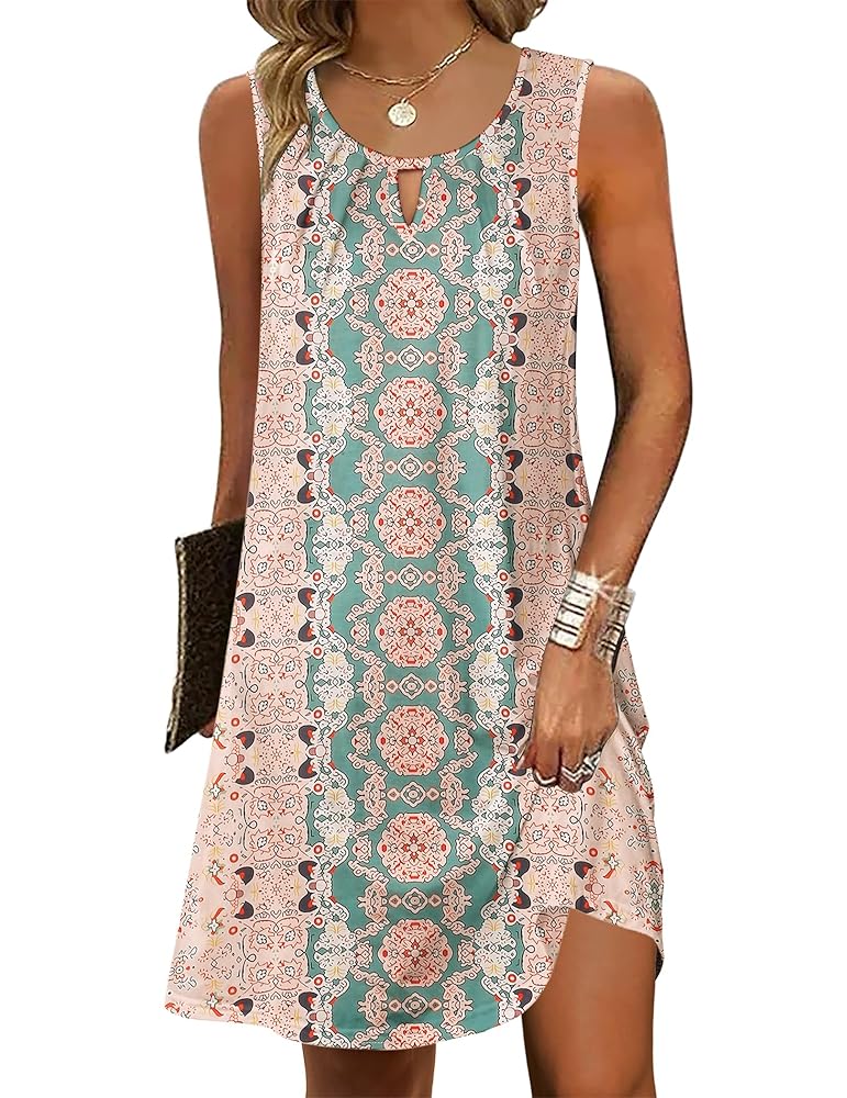 Zeagoo Womens Casual Summer Dresses 2025 Boho Sleeveless Sundresses with Pockets Pleated Beach Floral T Shirt Dresses